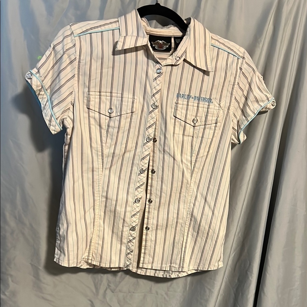 Harley-Davidson White and Blue Casual Button Down Shirt